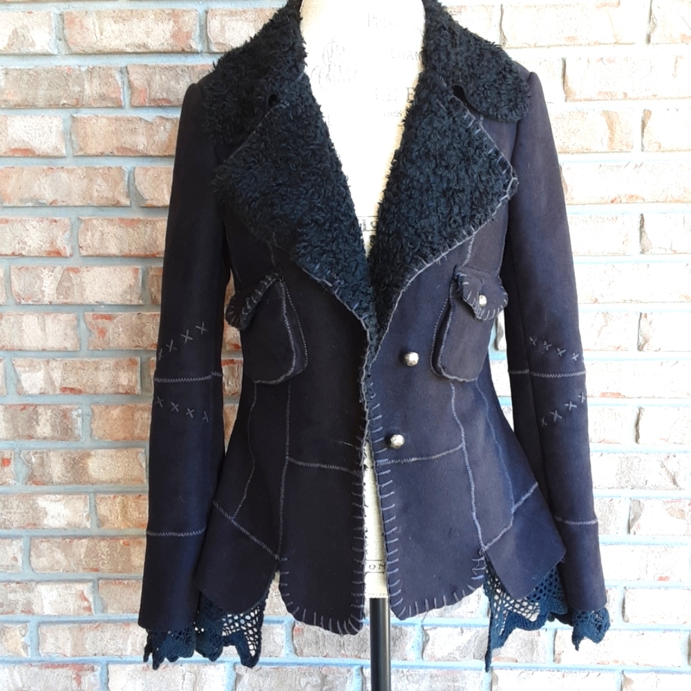 Women's Black Shearling-Trim Suede Blazer Jacket